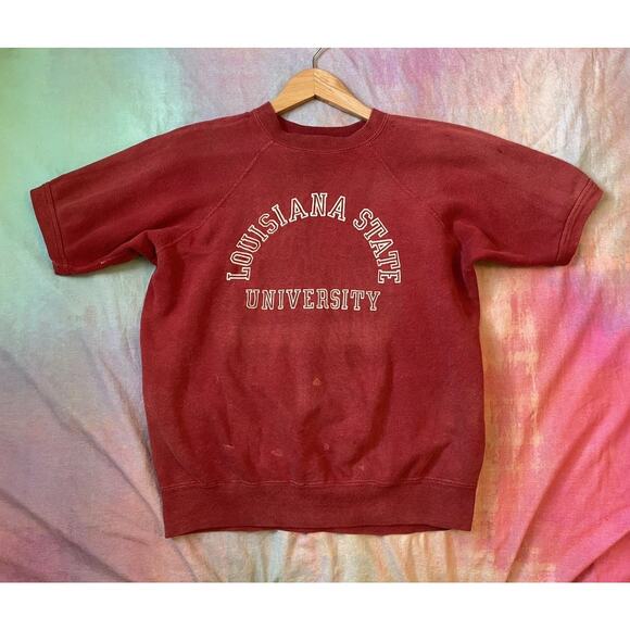 Vintage 1950s 60s LSU Short Sleeve Sweatshirt Crewneck Cotton Sz L XL Faded Mens - Picture 1 of 10